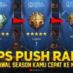 Pemain game mobile sedang push rank menggunakan strategi dan koordinasi tim yang efektif