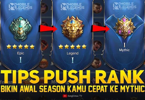 Pemain game mobile sedang push rank menggunakan strategi dan koordinasi tim yang efektif